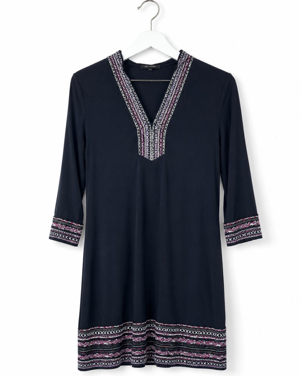 White House Black Market Embroidered Tunic Dress L Black 3/4 Sleeve